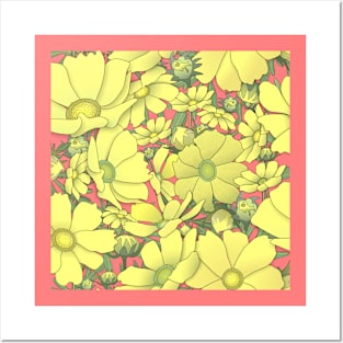 Tossed Yellow Cosmos Wildflowers on Deep Blush Pink Posters and Art